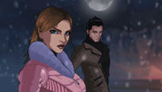 Two characters standing under a moonlit sky with a snowy landscape.