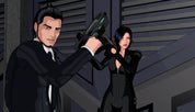 Two characters in black suits holding guns in a dimly lit room.