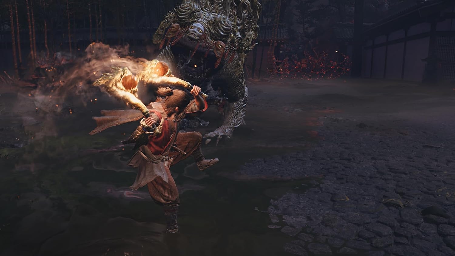 Character in a dark, fantasy setting with fiery effects