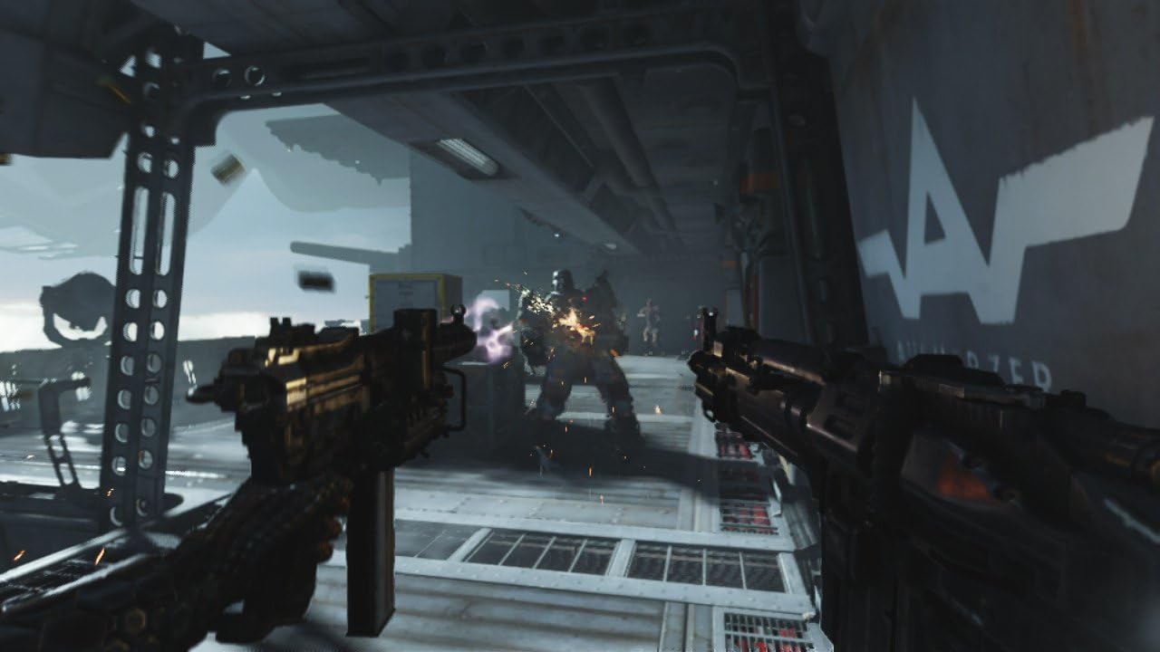First-person shooter game scene with weapons and character in a futuristic setting