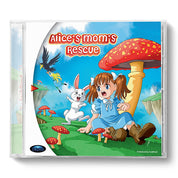 A CD jewel case containing the children's book 'Alice's Mom's Rescue' by Kathleen Redlin. The cover features a colorful cartoon illustration of a young girl in a blue dress sitting under a giant red mushroom, accompanied by a white rabbit, with a bird flying in the sky.