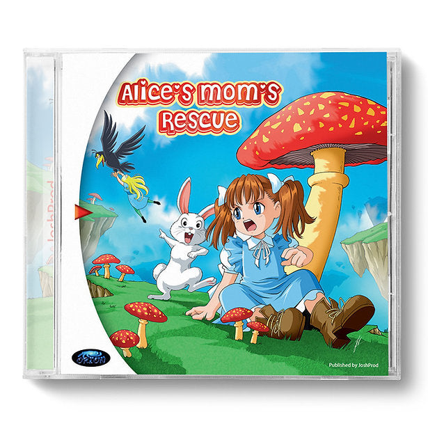 A CD jewel case containing the children's book 'Alice's Mom's Rescue' by Kathleen Redlin. The cover features a colorful cartoon illustration of a young girl in a blue dress sitting under a giant red mushroom, accompanied by a white rabbit, with a bird flying in the sky.
