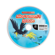 A single Discogs CD-R release for the anime film 'Alice's Mom's Rescue' on a clean white background. The disc features a light blue sky background with an illustration of Alice flying with her black raven, Bobo, and displays the Dreamcast logo and a 4PD logo.
