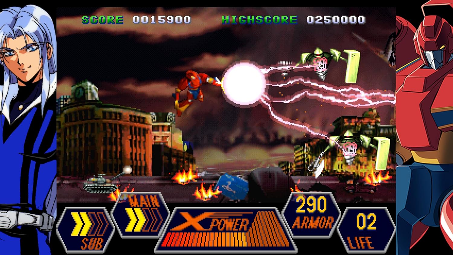 Video game screen with superhero and villain characters in an urban battle scene.