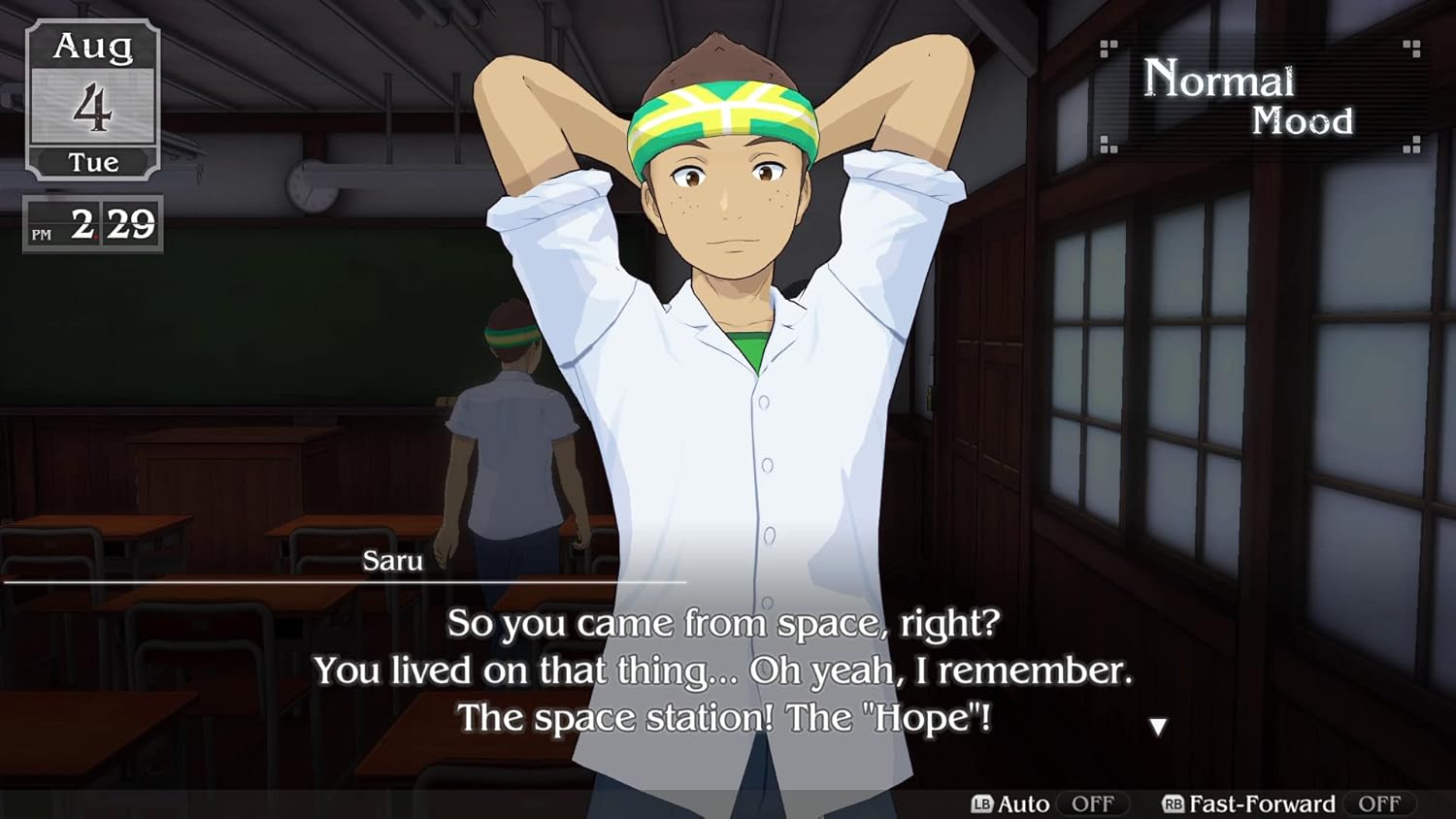 Character in a room with text dialogue on a screen