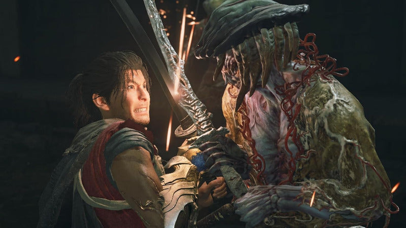 A dramatic close-up scene from a video game showing a human warrior holding a large sword while facing a grotesque, flesh-covered monster with red vine-like details in a dark environment.