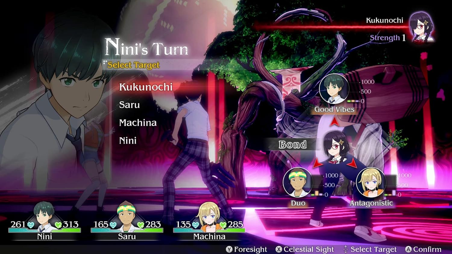 Game interface with character selection and battle options in a dark setting