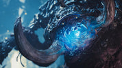 A close-up fantasy artwork of a horned creature or monster head with dark metallic armor, a glowing blue icy core, and icy blue background tones.