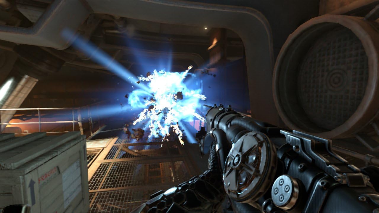 Close-up of a futuristic weapon with a glowing blue energy effect in a sci-fi setting.