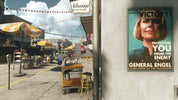 Vintage-style street scene with a poster of a woman in military uniform on a building wall.