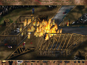 A screenshot from a retro top-down video game showing a wooden fort under attack, with flames engulfing sections of the structure, stone walls, and a user interface HUD at the top and bottom.