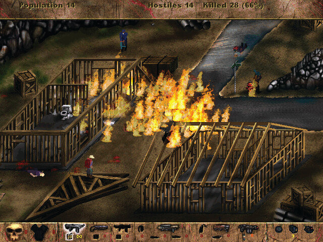A screenshot from a retro top-down video game showing a wooden fort under attack, with flames engulfing sections of the structure, stone walls, and a user interface HUD at the top and bottom.