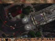 Top-down screenshot from a retro video game showing an overhead scene with a red-roofed building, bridge, vehicles, and several small human figures on a dark road. The image includes UI elements at the top and bottom, such as population, hosts, killed count, and weapon icons.
