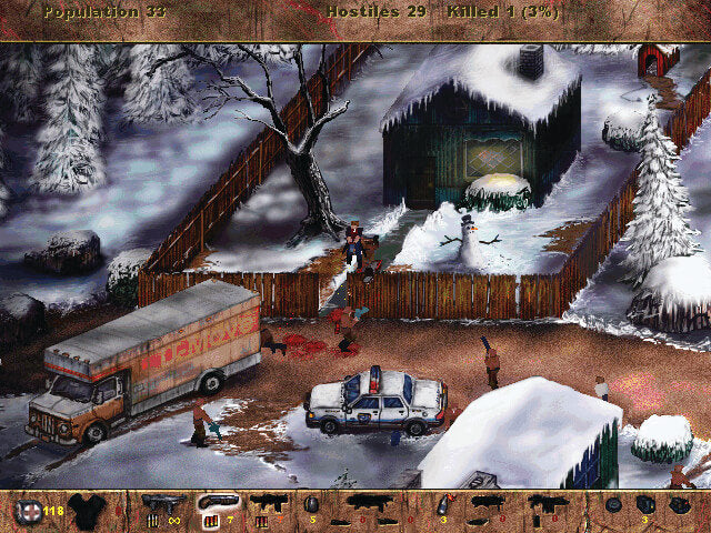 A screenshot from a snowy winter-themed video game scene showing a house, fence, truck, police car, and several small characters in a top-down isometric view.
