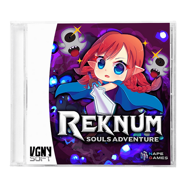 A CD-style game case for 'Reknum: Souls Adventure' featuring colorful anime-style cover art with a red-haired character, purple background, and visible VGNY Soft and Nape Games logos.