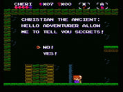 Pixel art screenshot from a retro video game, showing a black background with green platform blocks, purple text reading 'CHRISTIAN THE ANCIENT: HELLO ADVENTURER ALLOW ME TO TELL YOU SECRETS!', simple character sprites, and a small orange-haired figure near a blue vertical element at the bottom right.