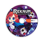 A circular printed disc or CD-style cover for "Reknum Souls Adventure" featuring anime-style artwork with a red-haired character, purple cosmic background, and small monster illustrations. A white vertical banner on the right includes the Dreamcast logo and other small text.