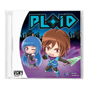 Ploid board game CD case cover art by VGNY Soft and Nape Games, featuring chibi-style characters on a purple and blue city background.