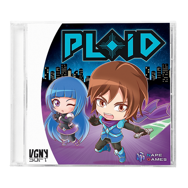 Ploid board game CD case cover art by VGNY Soft and Nape Games, featuring chibi-style characters on a purple and blue city background.
