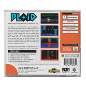 Back cover of the Fluyid video game case for the Commodore PET, showing game descriptions, character artwork, feature highlights, and a barcode.