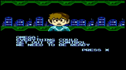 Pixel art scene from a retro video game with a black background, a small character at the top center, blue buildings along the horizon, and text reading 'OMEGA: EVERYTHING COULD GET OUT OF CONTROL WE NEED TO BE READY PRESS X'.