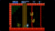 Pixel art screenshot from a retro video game showing a blue character standing in a platform level with red brick walls, dark green foliage, a wooden ladder, and floating gold coins on a black background.