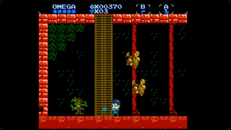 Pixel art screenshot from a retro video game showing a blue character standing in a platform level with red brick walls, dark green foliage, a wooden ladder, and floating gold coins on a black background.