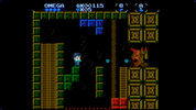 Pixel art video game scene on a black background, showing a small blue character in a maze with green, yellow, and brown platform elements, blue blocks, and a red/orange creature on the right.