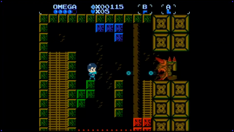 Pixel art video game scene on a black background, showing a small blue character in a maze with green, yellow, and brown platform elements, blue blocks, and a red/orange creature on the right.