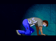 Pixel-art illustration of a person crouching on a dark teal and black background, wearing a gray top and bright blue pants with white lightning-like accents.