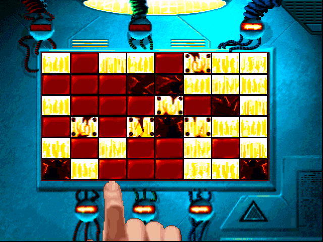A retro video game screenshot showing a grid of red and yellow blocks with a finger pointing at the bottom, set against a blue sci-fi background with robotic arms.