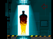 A stylized digital illustration of a person standing in a bright doorway or portal, with the figure fading from dark blue/black at the top into bright yellow at the bottom. The scene is set in a teal and blue industrial interior with a red arrow icon in the upper right.