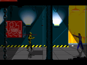 Pixel art scene showing a yellow humanoid figure facing a person in a dark industrial corridor with blue walls, yellow lighting, a red sign, and a yellow door.