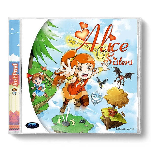 A CD case for the game 'Alice Sisters' by JoshProd, featuring colorful cartoon artwork of a girl in an orange dress flying through a whimsical landscape with floating islands, trees, and birds.