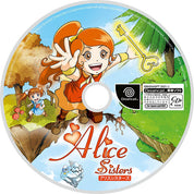 A printed game disc for Alice Sisters, featuring colorful anime-style artwork of a girl with orange hair holding a golden key, a small blue-haired companion, trees, and a bright sky. Visible text includes Dreamcast and Orion Soft branding.