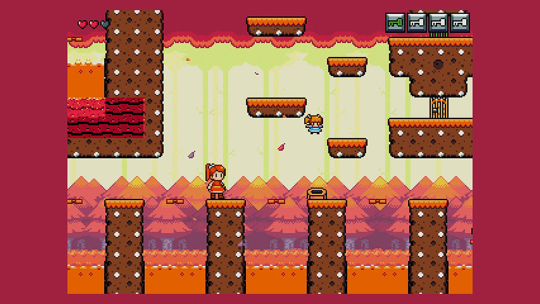 Pixel art scene with a small character standing on a brown platform in a retro side-scrolling game-style environment, surrounded by floating platforms, colorful terrain, and a red border.
