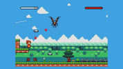 Pixel art game scene with a flying insect-like creature under a blue sky, clouds, mountains, trees, a small character on the left, and red health bars at the top.