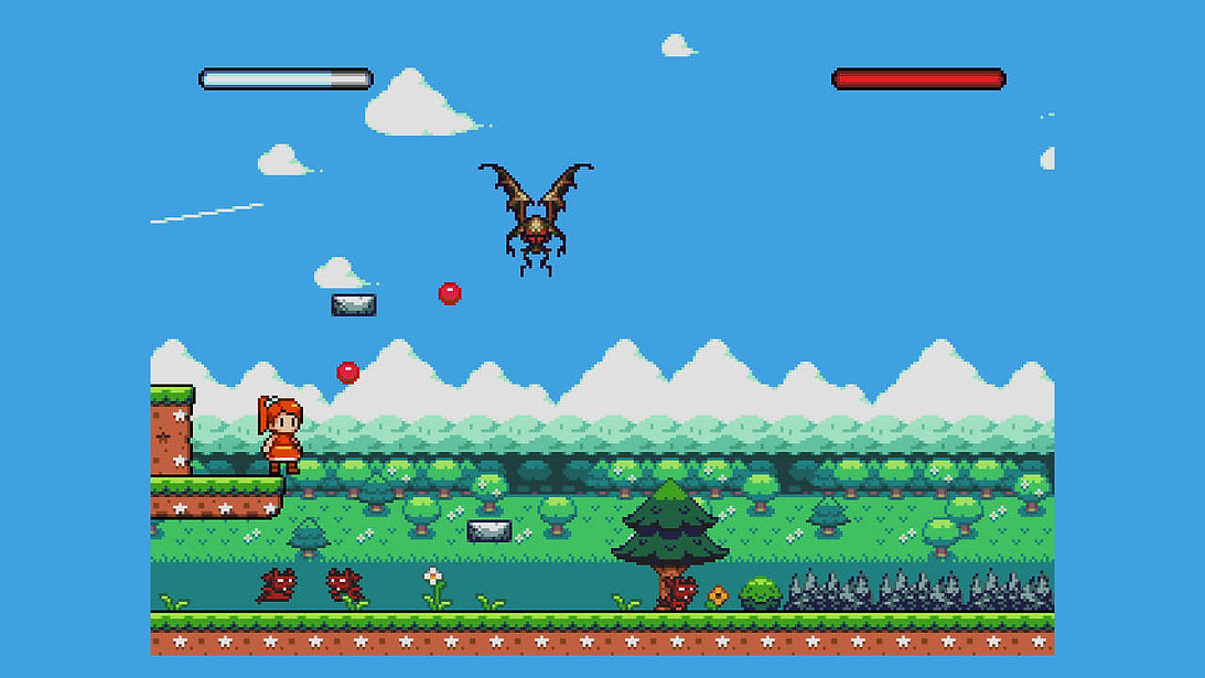Pixel art game scene with a flying insect-like creature under a blue sky, clouds, mountains, trees, a small character on the left, and red health bars at the top.
