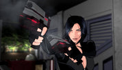 Character holding a futuristic gun in an indoor setting