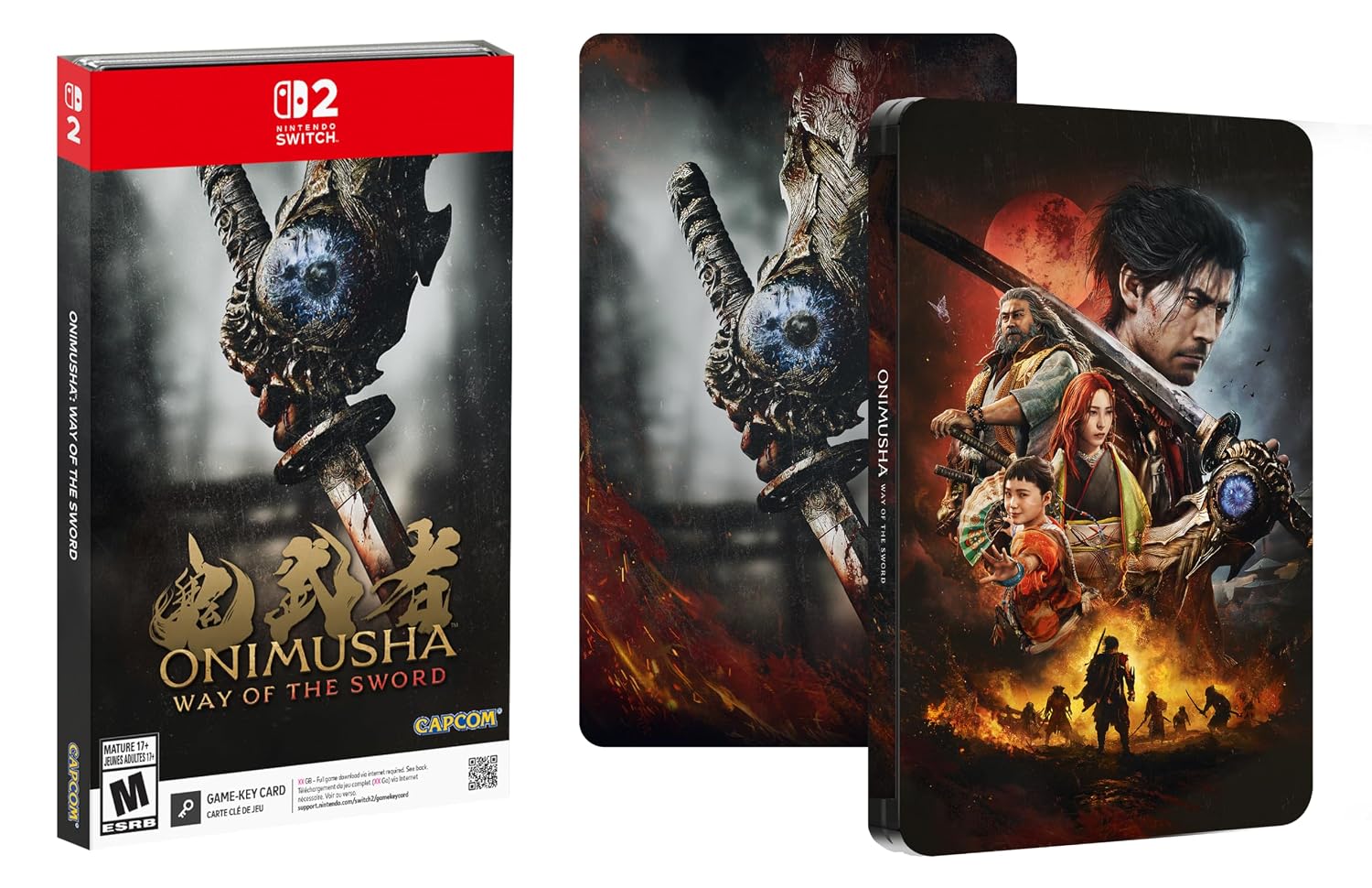 Onimusha: Way of the Sword game packaging with a red label and artwork on a white background