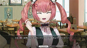 An anime-style digital illustration of a pink-haired character with twin tails, wearing a school uniform, set against a cafe interior background with Japanese text at the bottom.