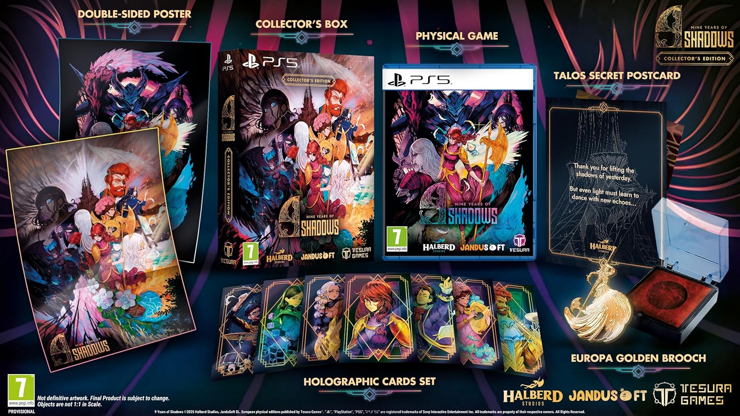 Collection of 'Shadowrun' game merchandise including posters, a box, game, cards, and brooch on a dark background.