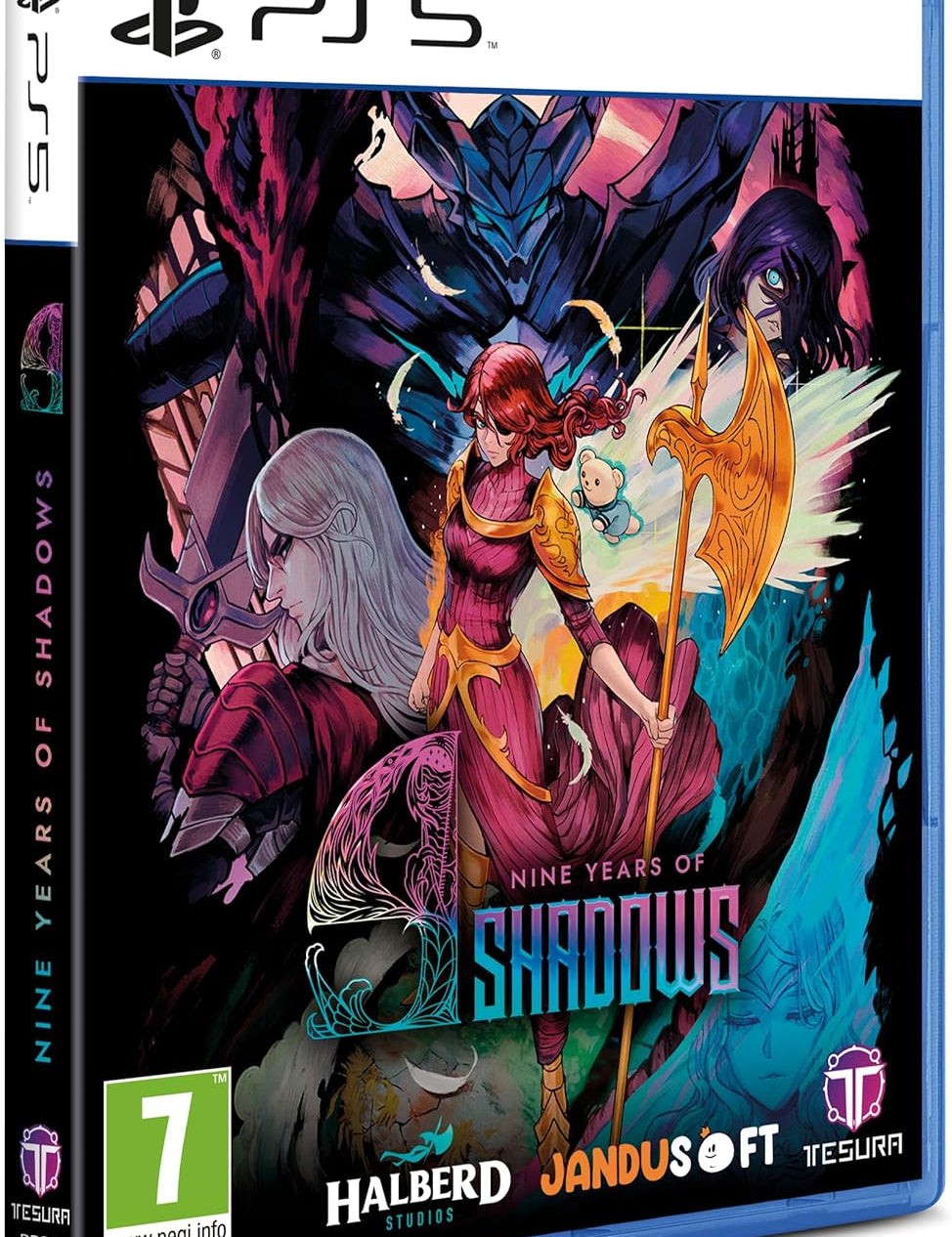 PlayStation 5 game disc for 'Nine Years of Shadows' with colorful artwork and branding.