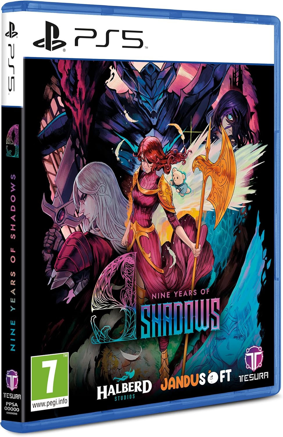 PlayStation 5 game disc for 'Nine Years of Shadows' with colorful artwork and branding.