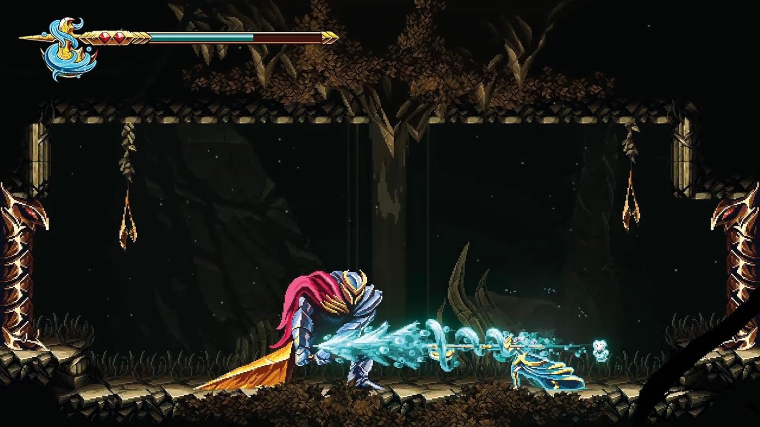 Game screen with a character casting a spell in a dark, eerie setting