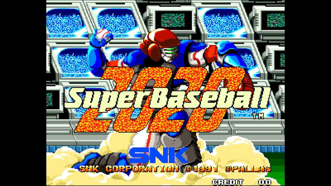 Title screen of 'Super Baseball 2020' with SNK logo and vintage video game aesthetic.