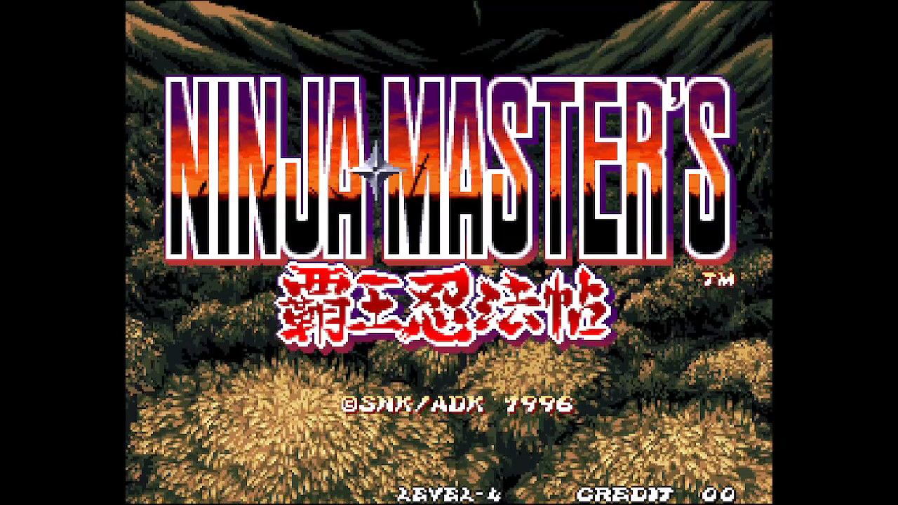 Title screen of 'Ninja Master's' with mountainous landscape background