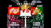 Vintage video game screen with 'Neo Crashers' vs 'Turbo Force' on a black background.