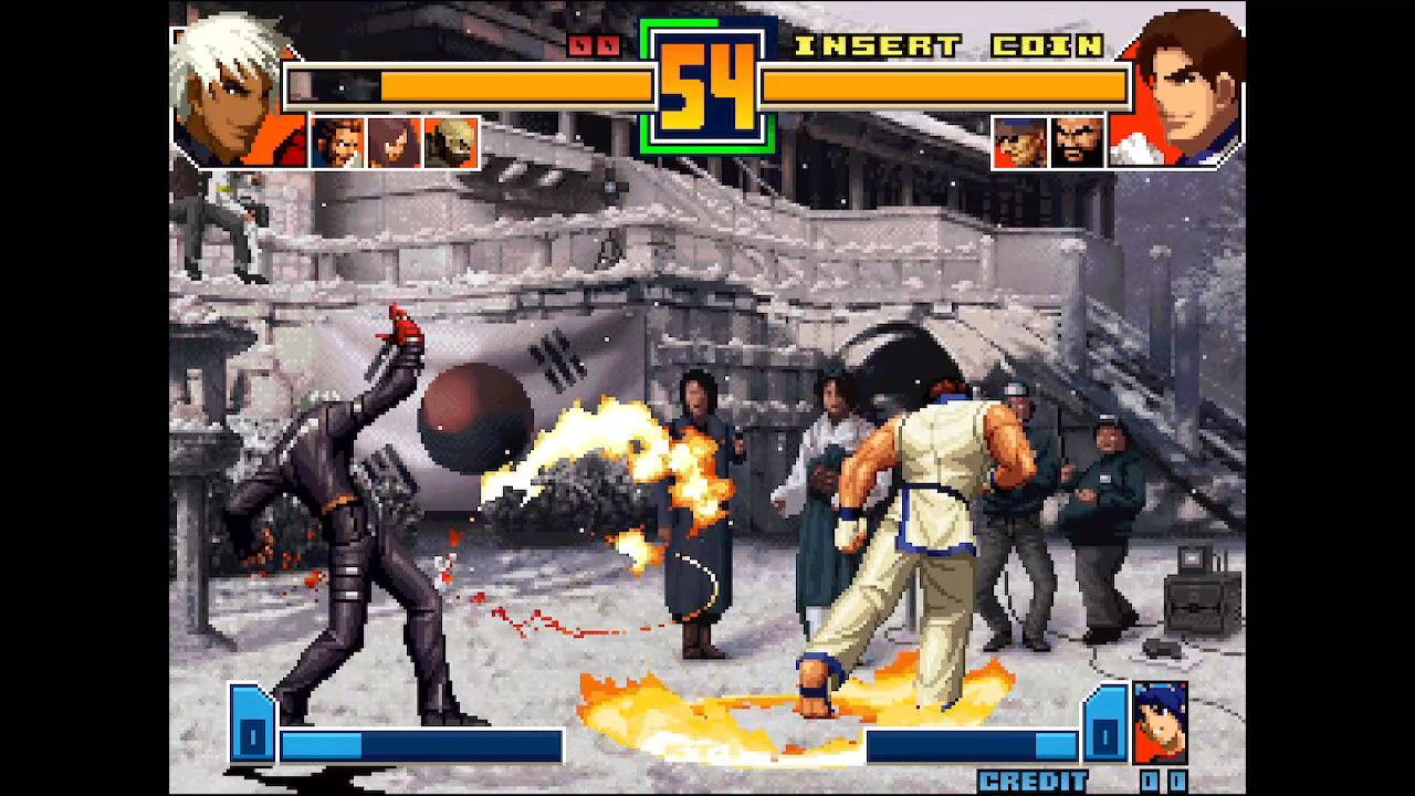 Vintage-style fighting game screen with characters in a battle scene.