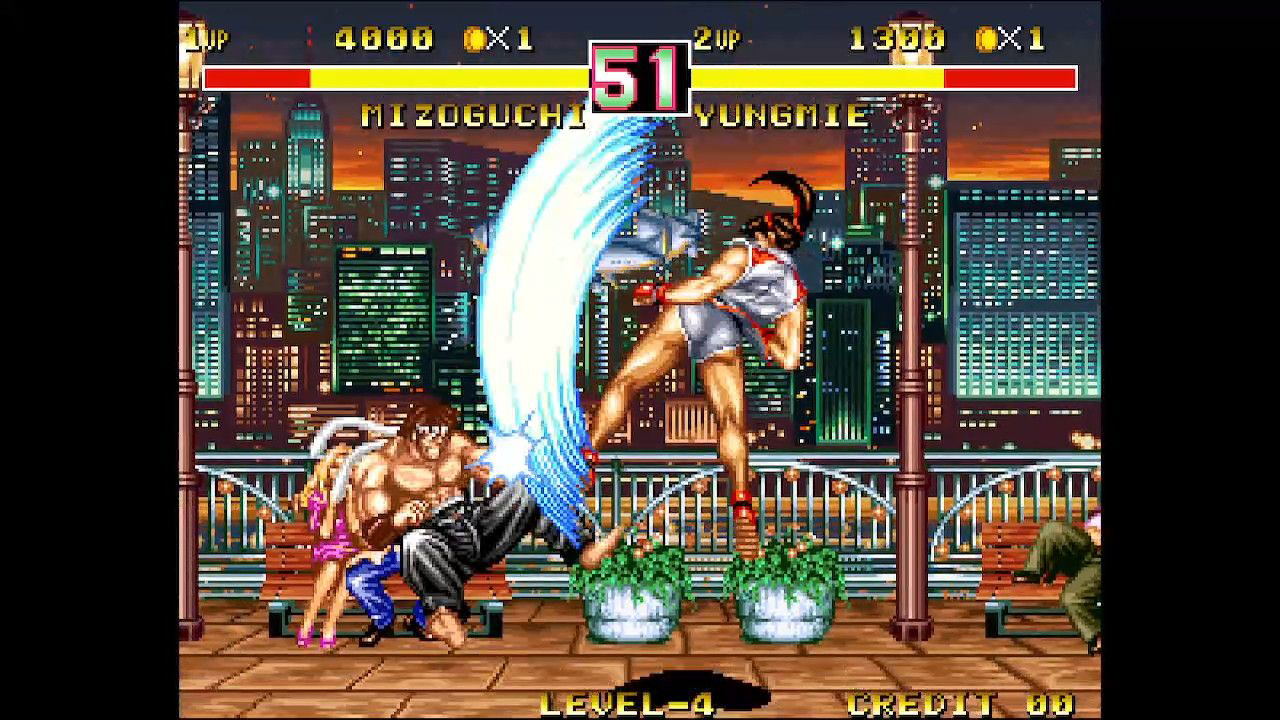 Vintage-style video game screen with two characters in a fight scene against a cityscape background.